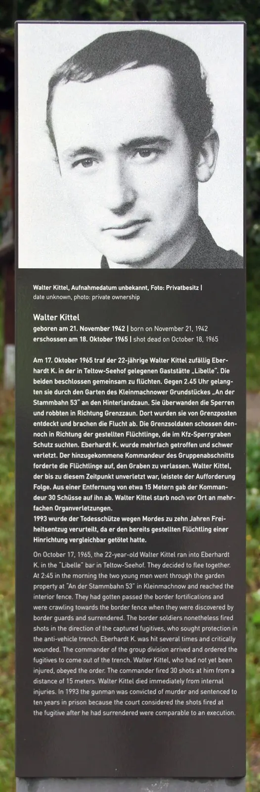 Panel with a large black-and-white photograph of a young dark-haired man, above German and English text headed "Walter Kittel"