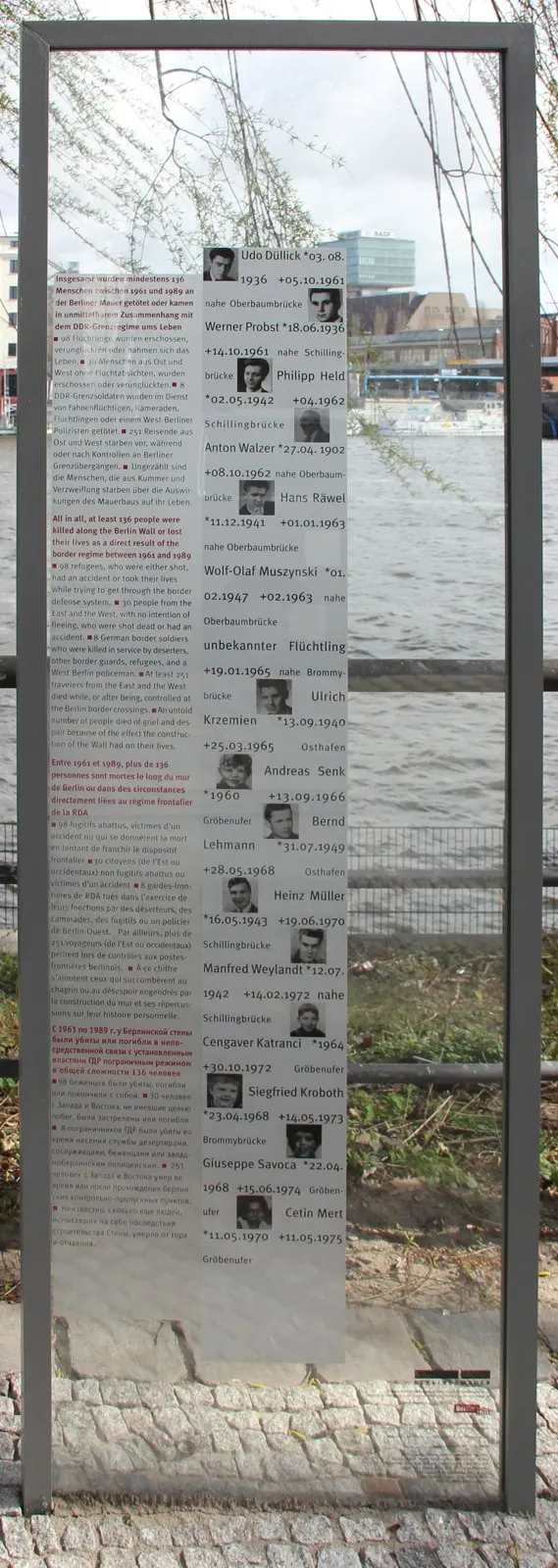 Tall glass panel in a metal frame on a riverside path, printed with text and a column of small portrait photographs with names and dates, the river and buildings behind