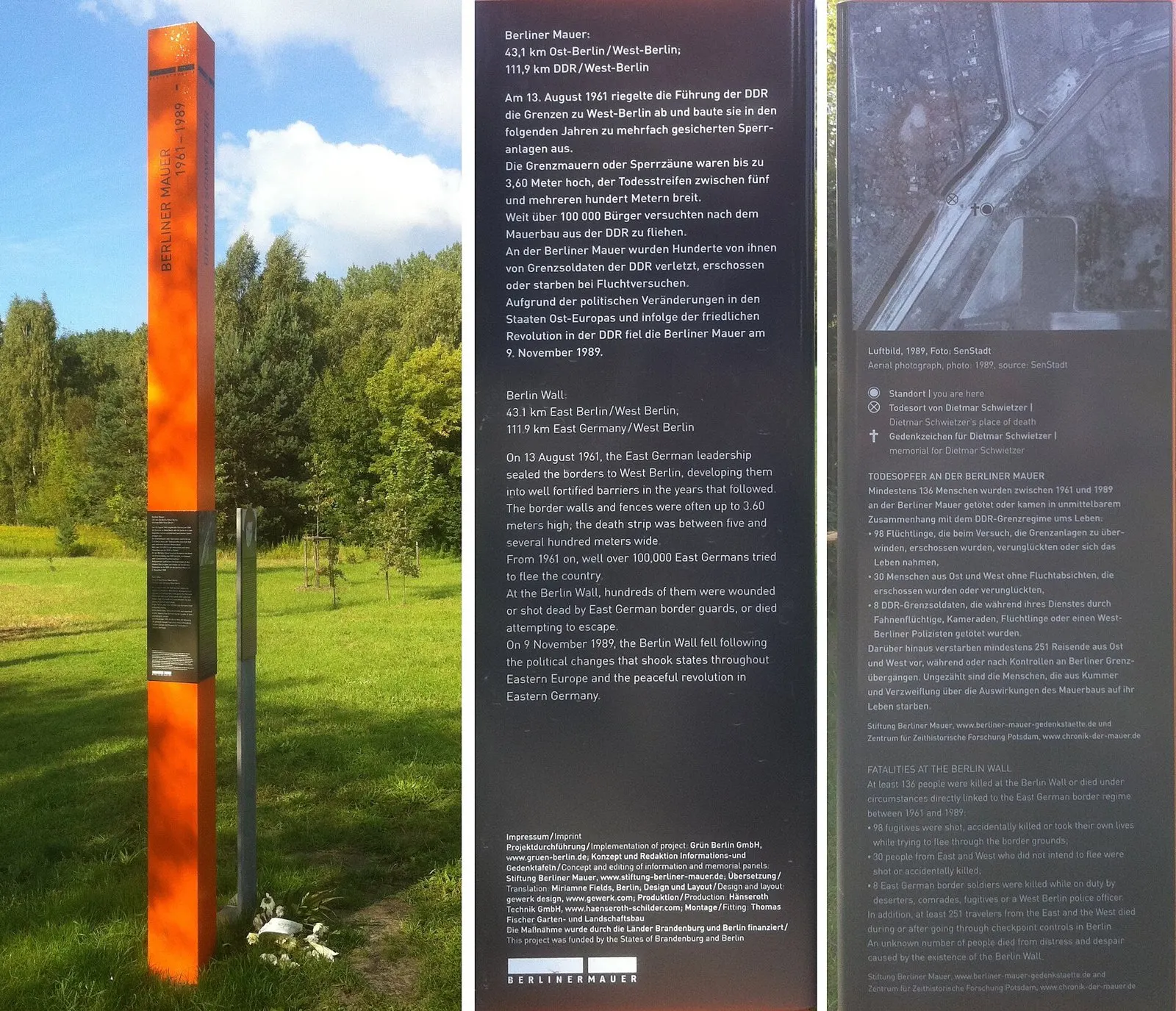 Three-part view: a tall orange column on a meadow with flowers at its foot, and two close-ups of its text panels