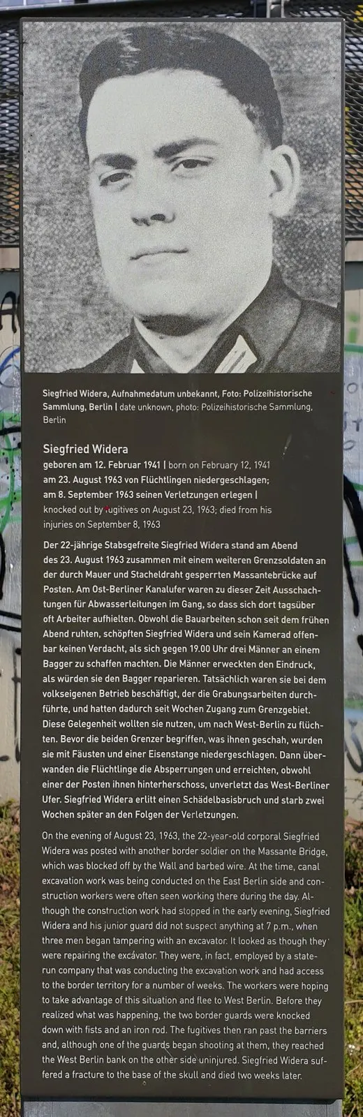 Dark panel with a black-and-white portrait above a German and English text headed 'Siegfried Widera'