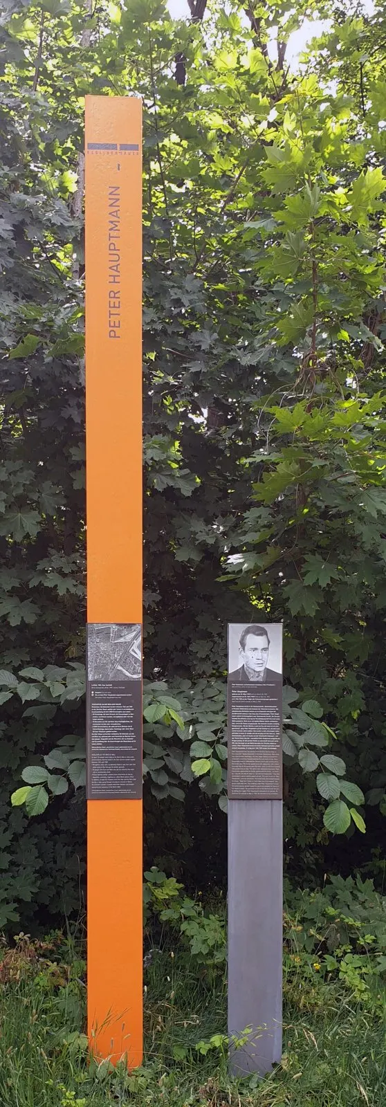 Tall orange column inscribed 'Peter Hauptmann' beside a grey post with his portrait panel, in front of dense green foliage