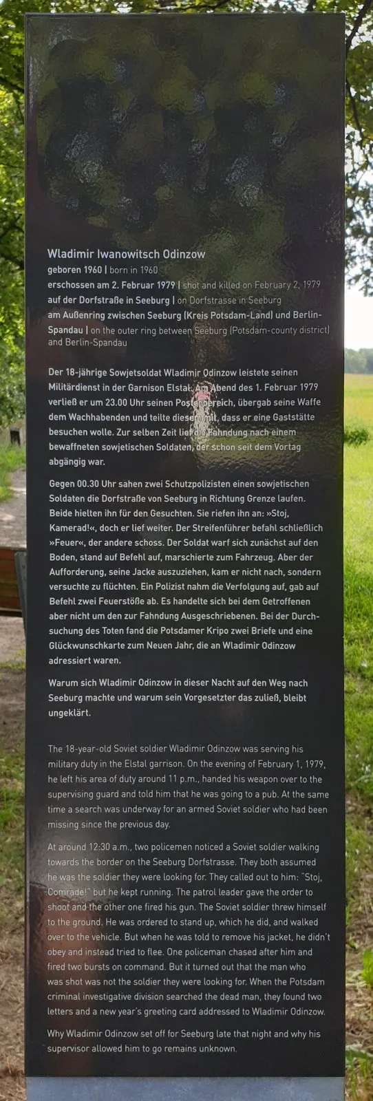 Dark grey panel with German and English text headed Wladimir Iwanowitsch Odinzow