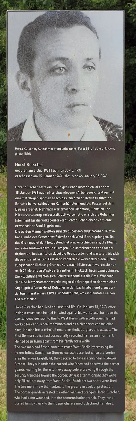 Dark panel with a black-and-white portrait photograph above a German and English text headed 'Horst Kutscher'