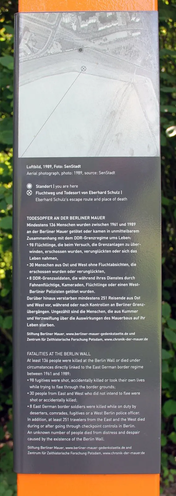 Panel with a pale aerial photograph of the wide border strip with a marked line, above German and English text