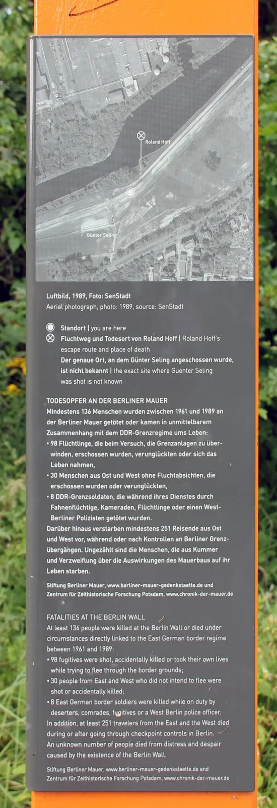 Grey panel on an orange post showing an aerial photograph of the canal border area above text about the victims of the Berlin Wall