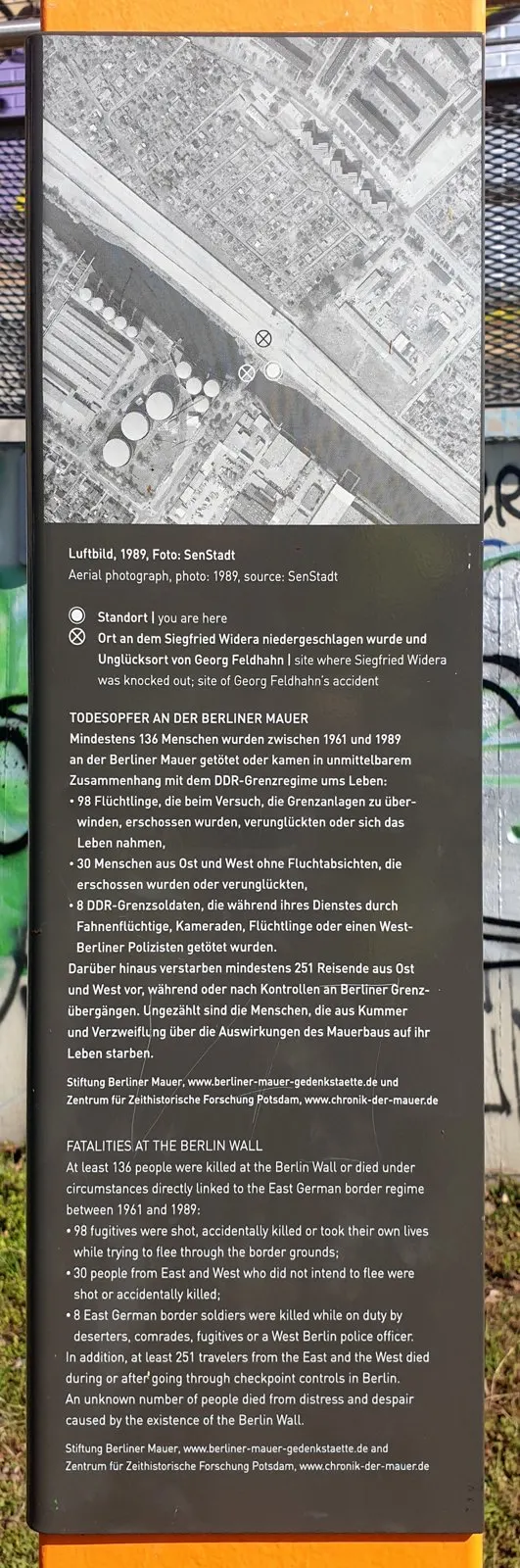Information panel with an aerial photograph of a canal with marked points, above text