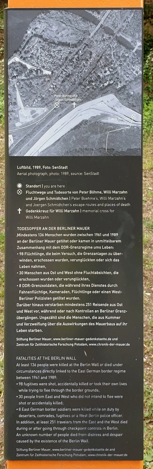 Panel with a black-and-white aerial photograph of a river bend and border strip with marked points, above German and English text