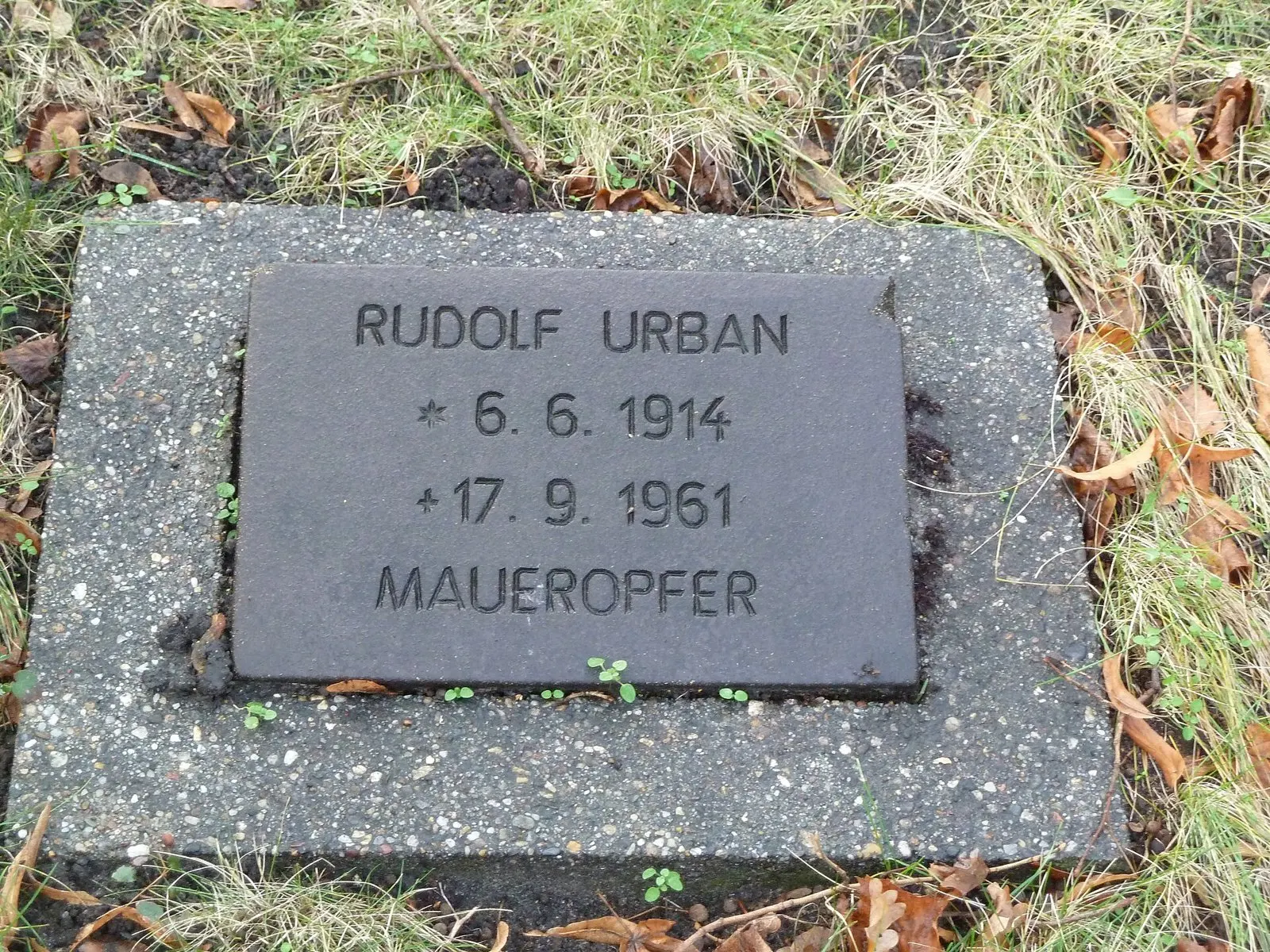 Dark grave plate in grass and leaves inscribed "Rudolf Urban 6.6.1914 17.9.1961 Maueropfer"