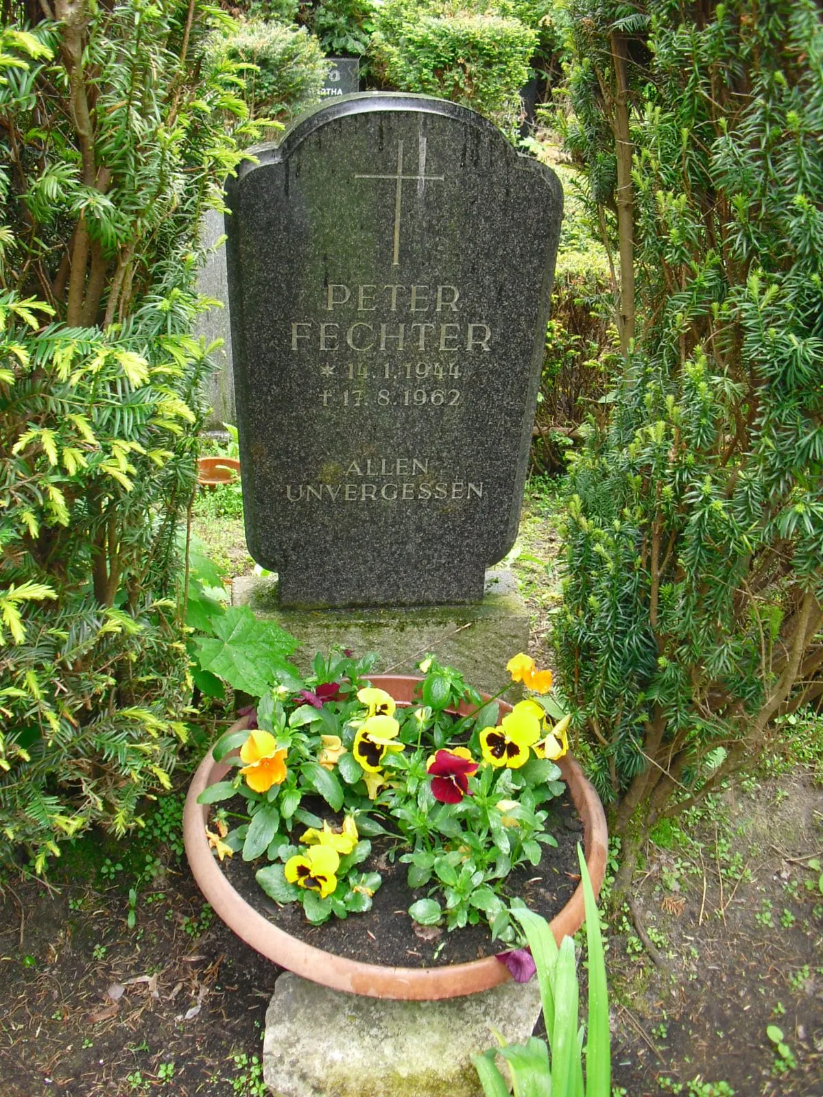 Dark granite gravestone engraved with a cross and "Peter Fechter … Allen unvergessen", with pansies in a pot
